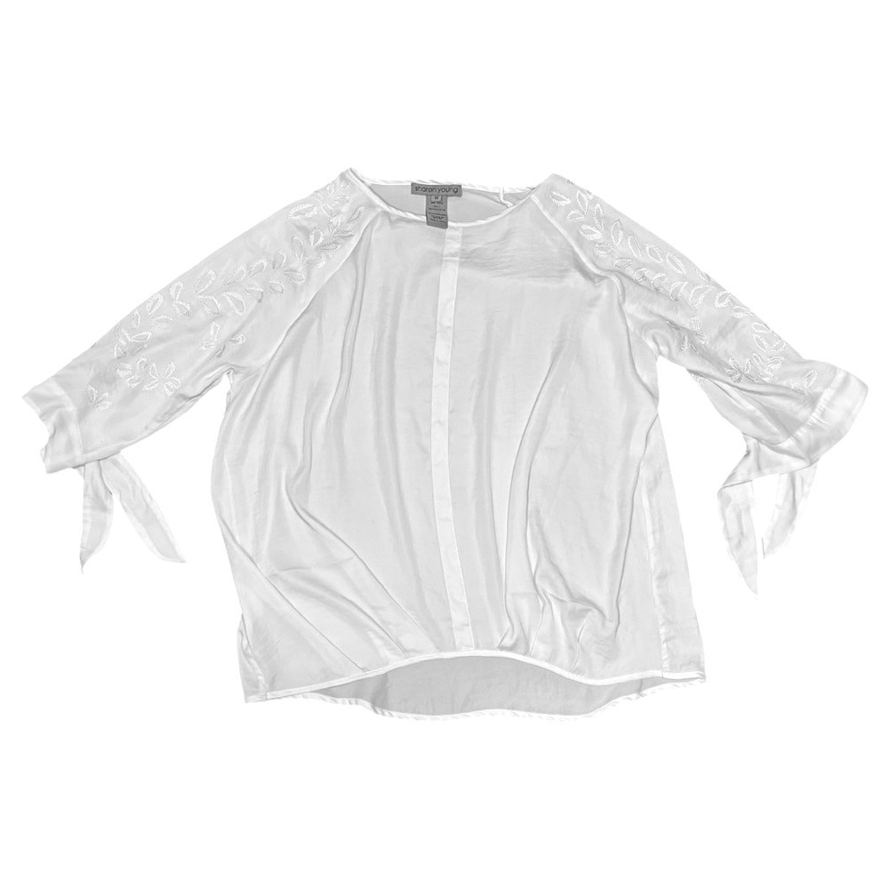 Sharon Young size Medium White Embroidered Sleeve Top light weight shirt blouse